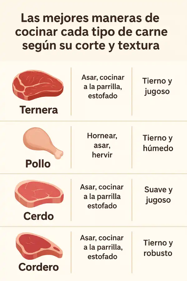 Infografía sobre las mejores maneras de cocinar cada tipo de carne según su corte y textura