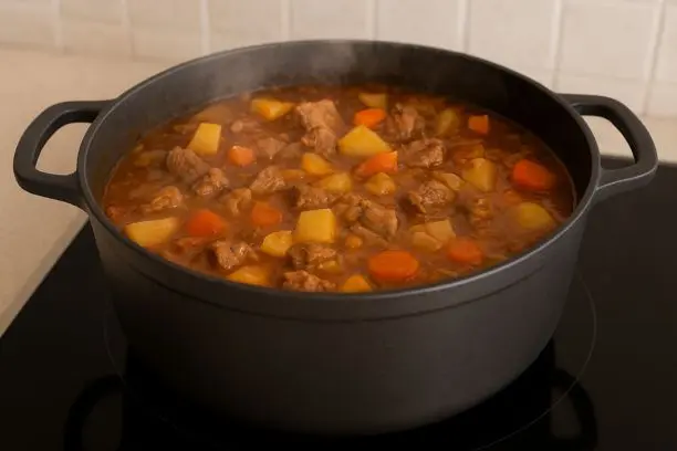 Un caldero con un guiso de ternera