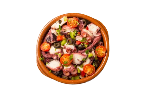 Un cuenco de barro con pulpo a la vinagreta